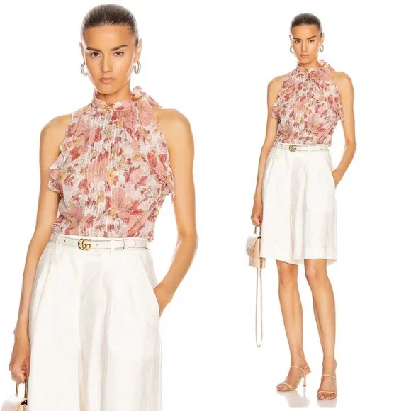 VERONICA BEARD Dali Top Floral Silk Sz 6 Pink Metallic Tie Neck Sleeveless Bouse - Picture 1 of 14